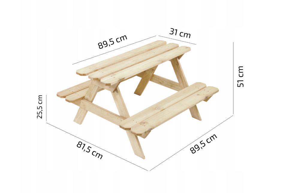 Dětský dřevěný stůl s lavičkami 90 x 90 cm borovice přírodní (14) - piknikový stolík